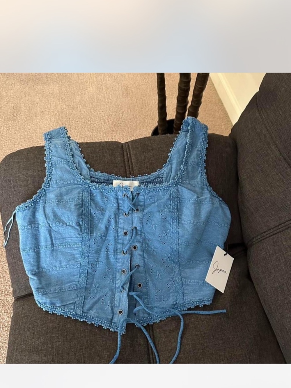 Japna Denim Blue Eyelet Lace-Up Crop Bodysuit